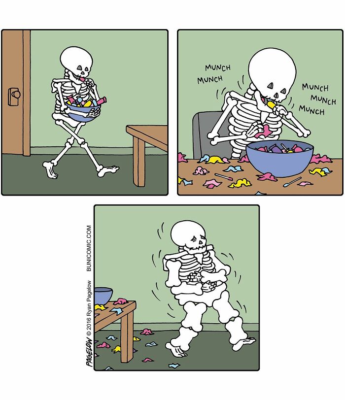 Skeleton eating candy from a bowl in a buni comic, showcasing cute yet darkly funny Halloween spirit.