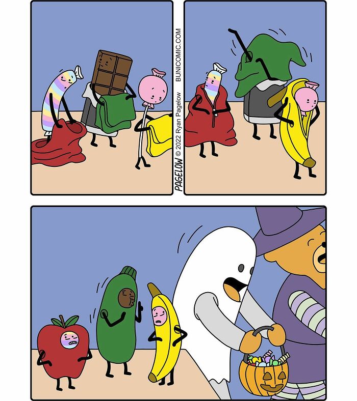 Cute yet darkly funny Buni comics show quirky candy and fruit characters trick-or-treating in Halloween costumes.