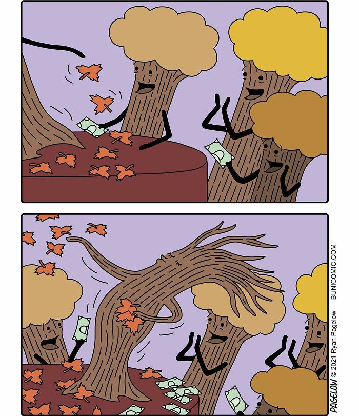 Two-panel Buni comic with animated trees exchanging money for falling autumn leaves in a darkly funny Halloween spirit style.
