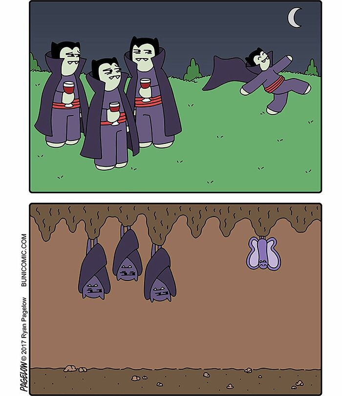 Buni comics showing cute yet darkly funny vampire characters outside and hanging upside down as bats underground.