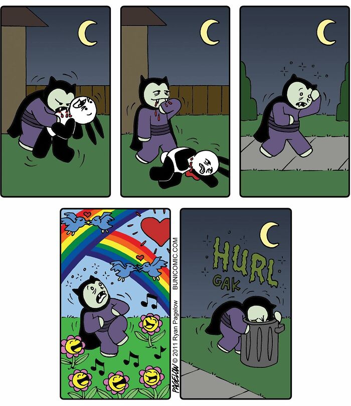 Darkly funny Buni comic shows vampire bunny biting a friend, then feeling sick and vomiting under a crescent moon.