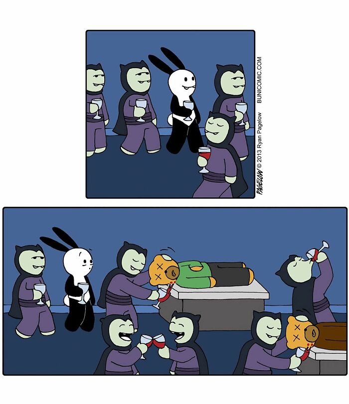 Buni comic characters in darkly funny Halloween-themed scenes at a spooky party with costumes and drinks.