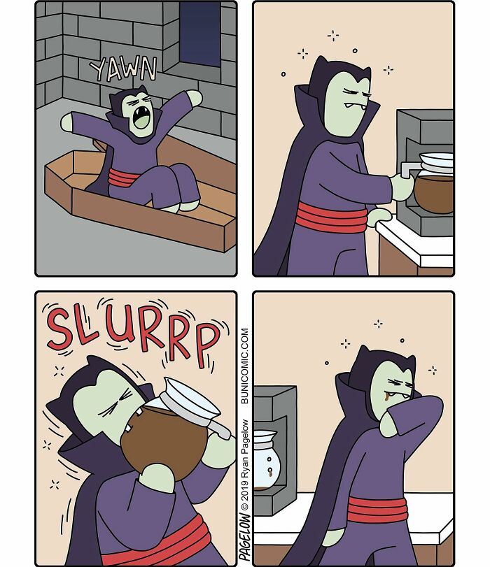 Buni comic panels showing a vampire yawning, making coffee, drinking it enthusiastically, and then coughing.