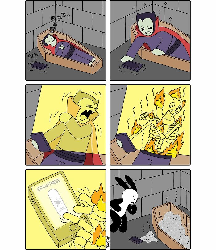 Vampire sleeps in coffin, phone glows brightly, causing comic skeleton fire in darkly funny Buni Halloween comic.