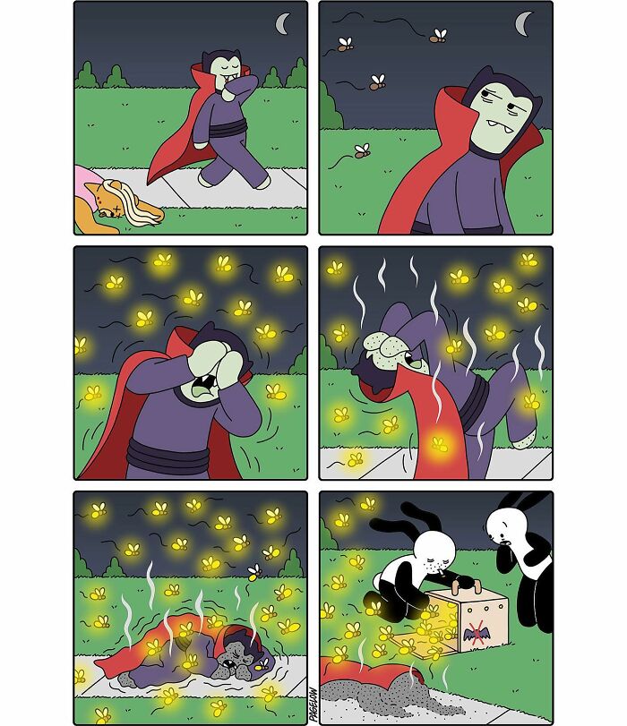 Buni comic strip showing a vampire overwhelmed by glowing insects, then rescued by bunny characters in a darkly funny Halloween scene.
