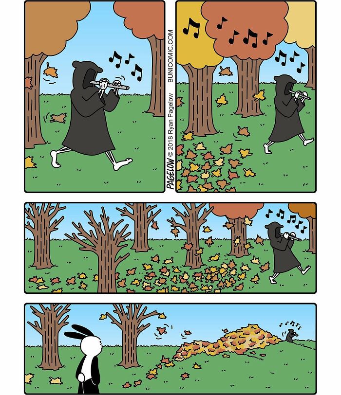 Grim Reaper playing flute, walking through autumn leaves, with bunny watching in a cute darkly funny Buni comic.