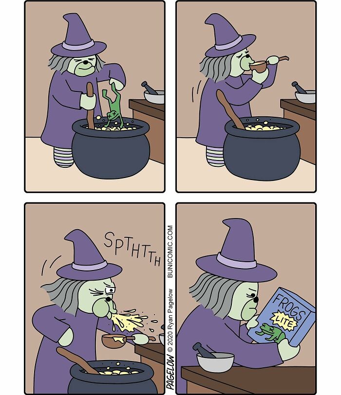 Witch tasting a potion made from frogs in a humorous, cute yet darkly funny Buni comic strip.