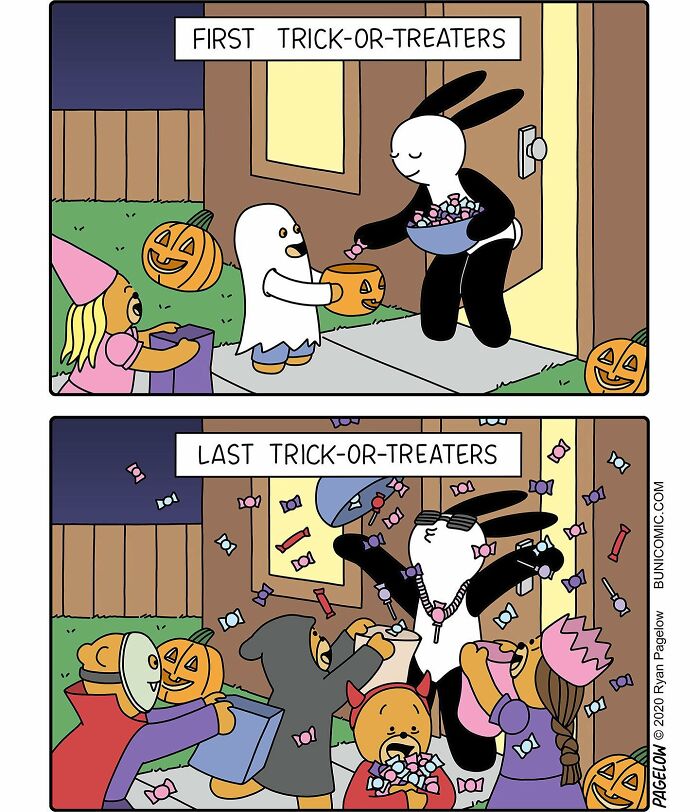 Buni comic showing cute yet darkly funny Halloween trick-or-treaters visiting a house with candy and costumes.