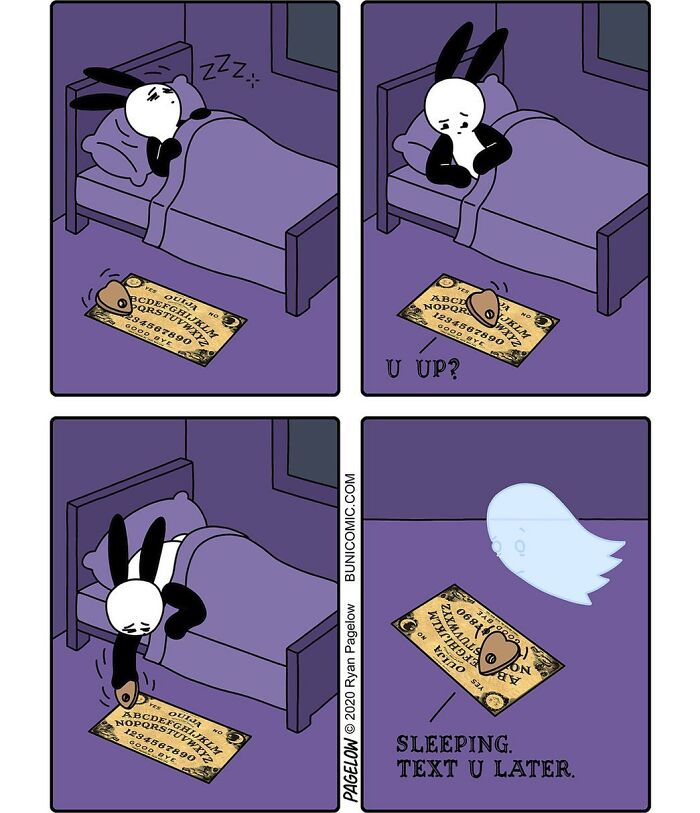 Buni comic panels showing a bunny using a Ouija board to communicate with a ghost in a dark Halloween-themed setting.