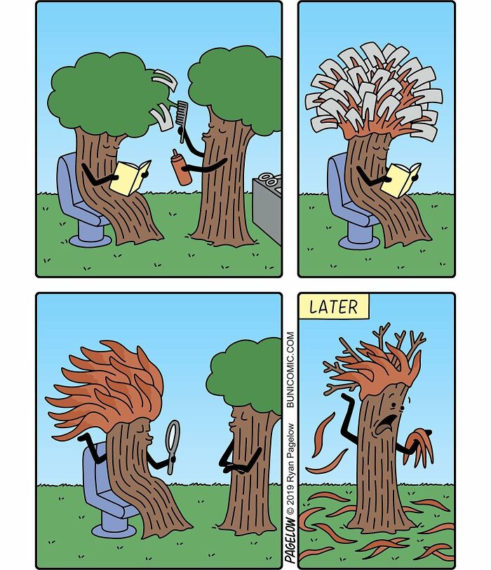 Buni comics featuring a tree getting a haircut with darkly funny and cute Halloween spirit humor.