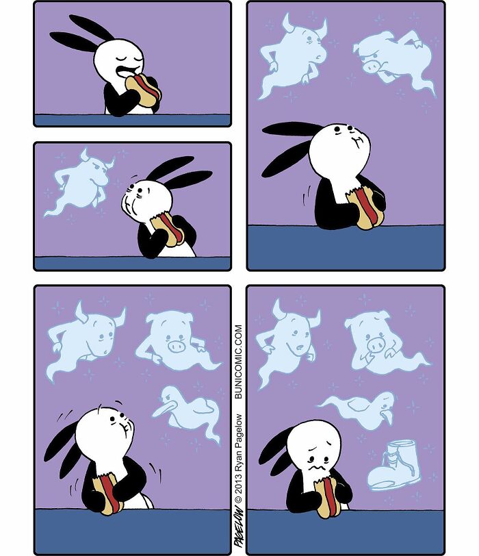 Buni comic strip showing a rabbit eating a hotdog while ghostly animal spirits appear, blending cute and darkly funny Halloween themes.