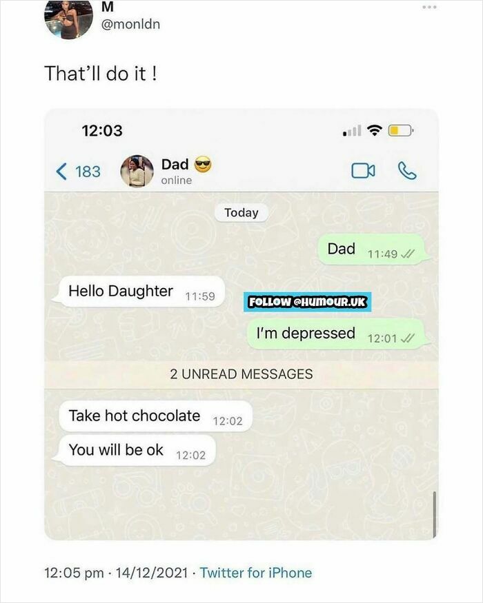 Screenshot of a British WhatsApp chat where a dad advises his daughter to take hot chocolate to feel better.