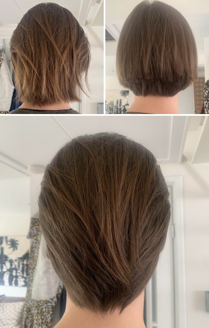 Back views of a woman’s short brown hair showing hilariously tragic hair accidents with uneven and awkward cuts.