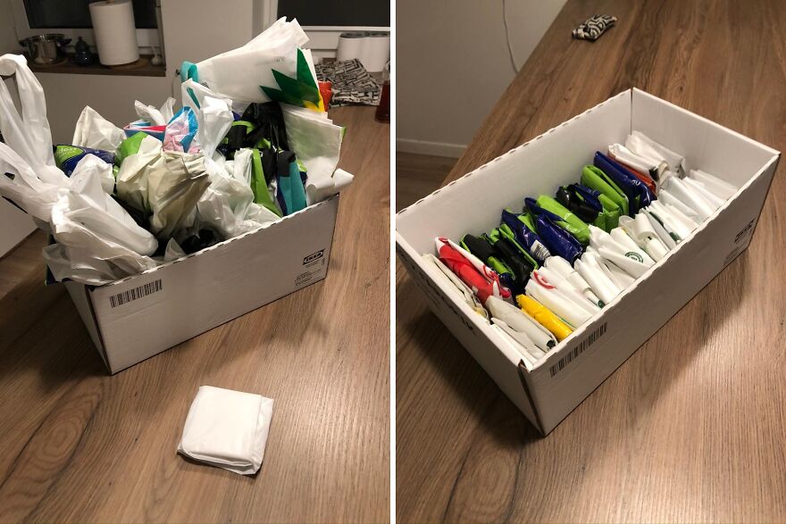 Before and after organization hacks showing a box transformed from messy to neatly arranged plastic bags inside a home.