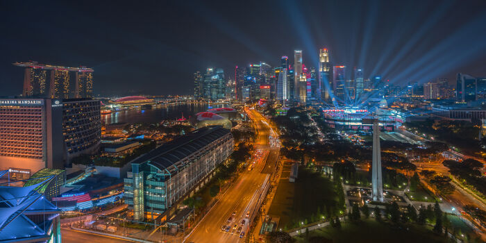 Night cityscape with vibrant lights showcasing panoramic masterpieces in an urban setting winning Epson Pano Awards 2025.