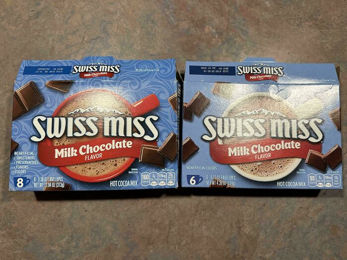 Two Swiss Miss milk chocolate hot cocoa mix boxes showing misleading packaging with different serving sizes.