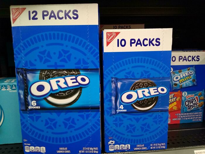 Boxes of Oreo cookies with misleading packaging showing different cookie counts and pack sizes on a store shelf.
