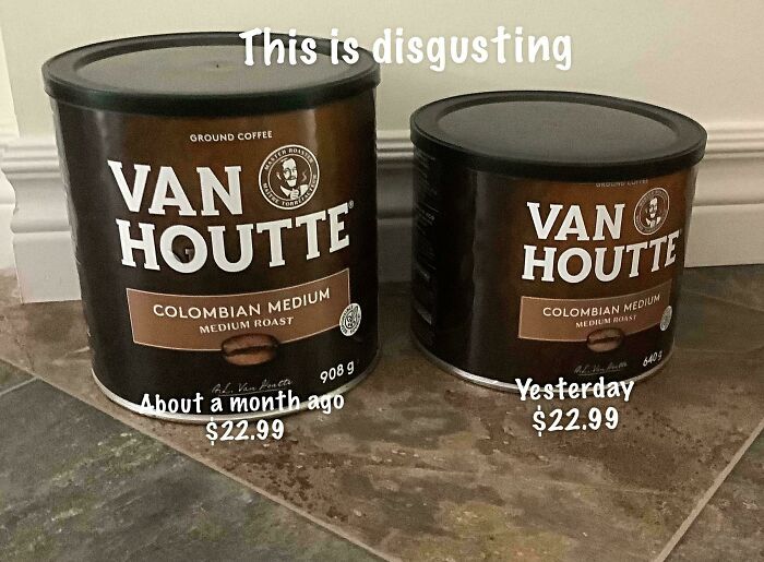 Two Van Houtte Colombian Medium roast coffee cans with different sizes but the same price showing misleading packaging.