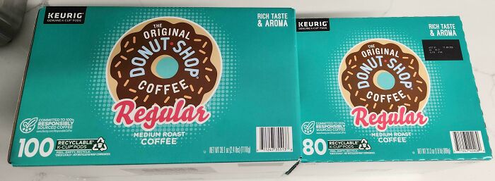 Boxes of Donut Shop Regular Medium Roast Coffee with misleading packaging showing different pod quantities but similar designs.