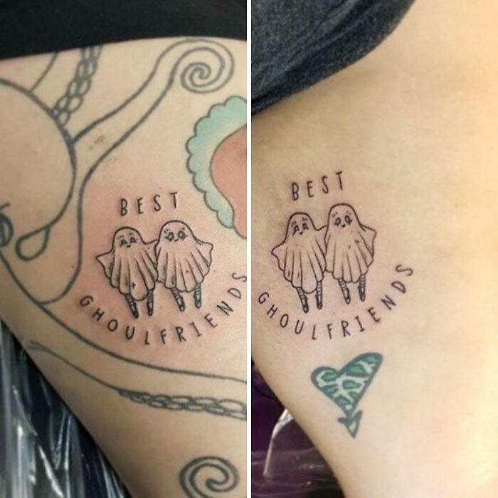 Tattoo of two ghost characters with the words best ghoulfriends, a funny and relatable meme for horror fans.