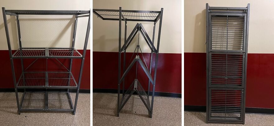 Metal shelving unit shown assembled, partially folded, and fully collapsed demonstrating organization hacks for home storage solutions.