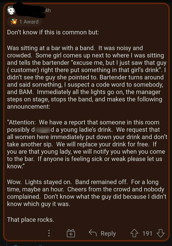 Reddit post sharing a story of strangers helping ensure safety and restoring faith in humanity at a crowded bar.