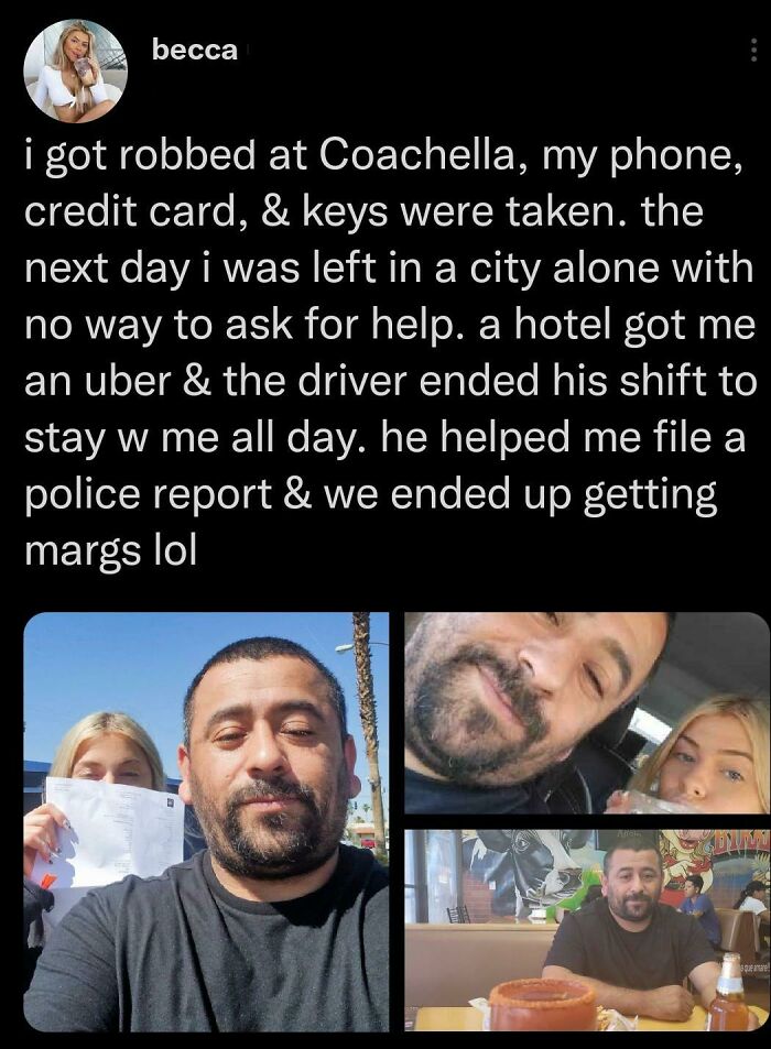 Person helps woman after robbery by staying with her all day, filing police report, and sharing drinks to restore faith in humanity.