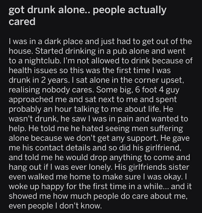 Strangers restoring faith in humanity by offering support and kindness to a man struggling with loneliness and pain.