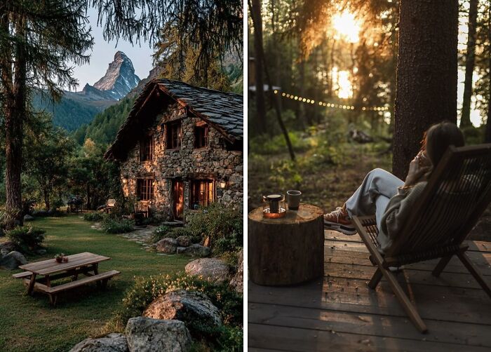 Rustic dream cottage surrounded by lush gardens and forest, with a person relaxing outdoors at sunset.