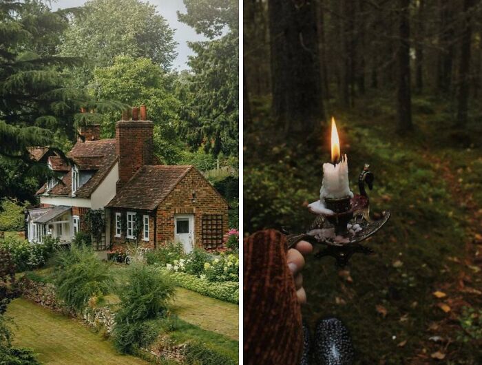 Left side shows a charming dream cottage surrounded by lush gardens, right side features a forest path lit by a candle.