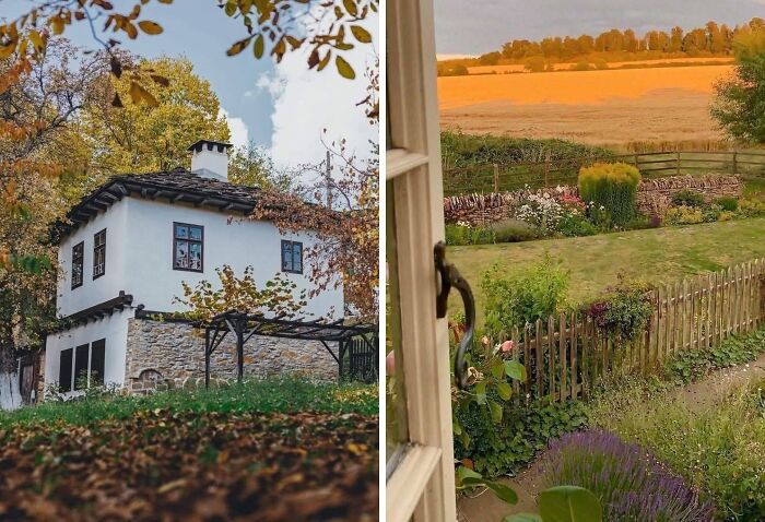 Cozy dream cottages surrounded by vibrant gardens and autumn trees in a peaceful countryside setting.