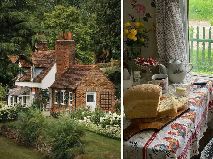 Idyllic dream cottage surrounded by gardens and a cozy kitchen scene with fresh bread and tea by the window.