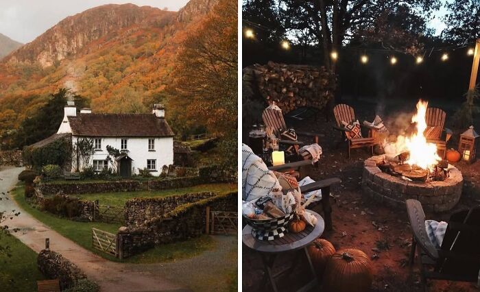 Cozy dream cottage surrounded by autumn gardens and a warm fire pit with seating under string lights at dusk.