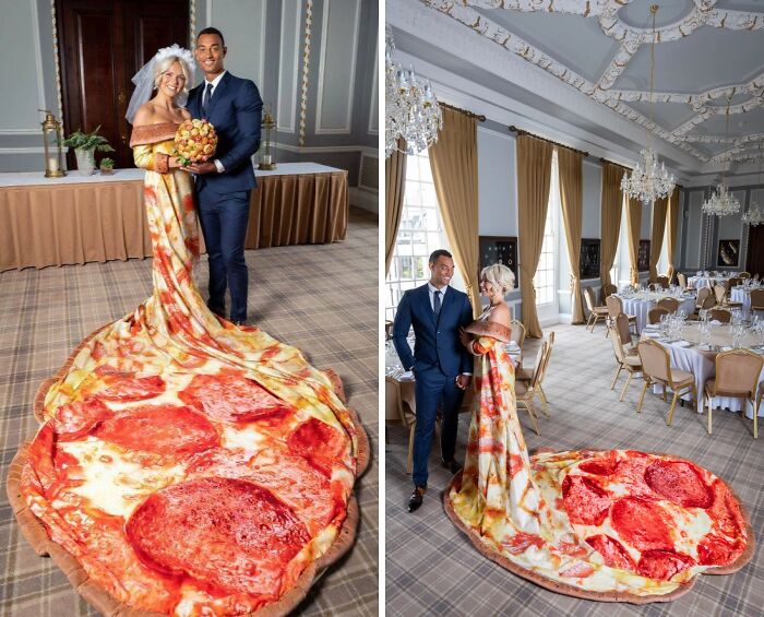 Bride wearing a pizza print wedding dress with groom in a suit at an elegant wedding venue revealing questionable taste.