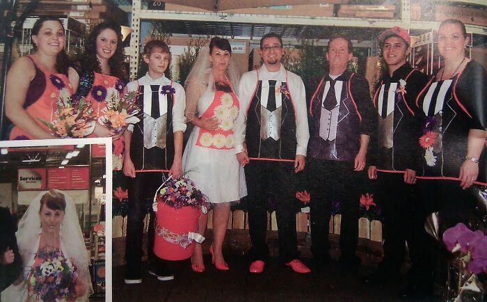 Group of people dressed in mismatched outfits at a wedding, featuring unconventional wedding dresses with questionable taste.