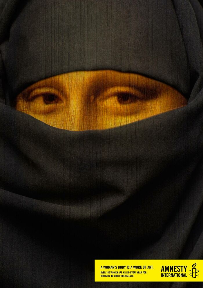Close-up of Mona Lisa's eyes edited into an ad showing a covered face, illustrating clever Mona Lisa ad campaigns.