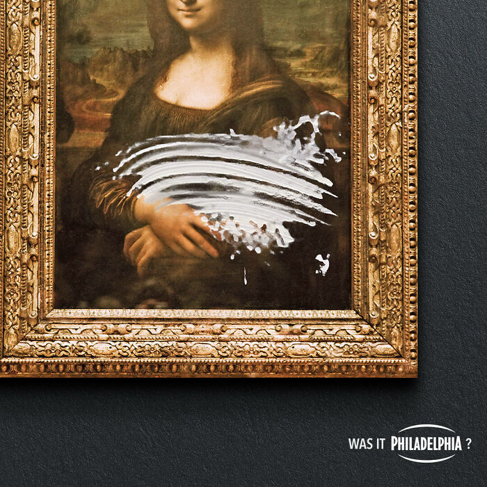 Mona Lisa painting with white smeared paint across her torso in a creative ad campaign featuring the iconic artwork.