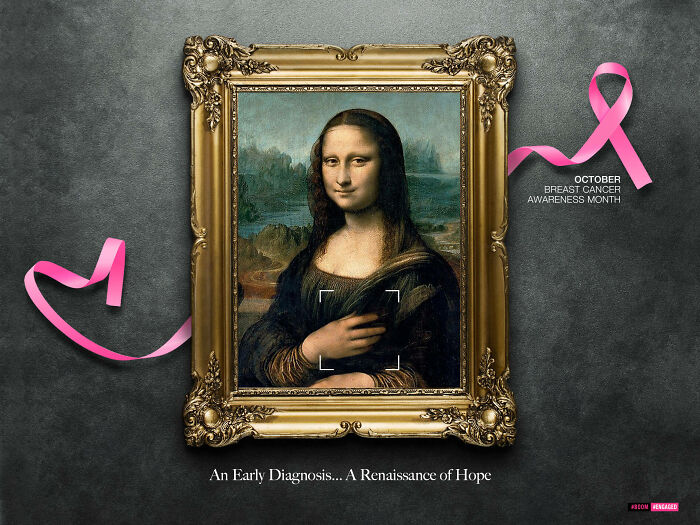 Mona Lisa painting in an ad campaign featuring breast cancer awareness with a pink ribbon and inspiring message.
