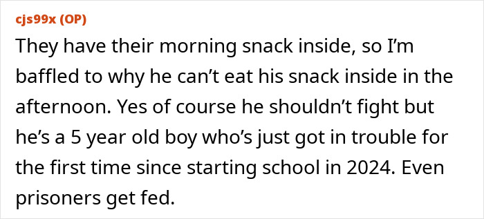 Commenter expressing concern over a 5-year-old left hungry at school after snack denial as punishment for fighting.