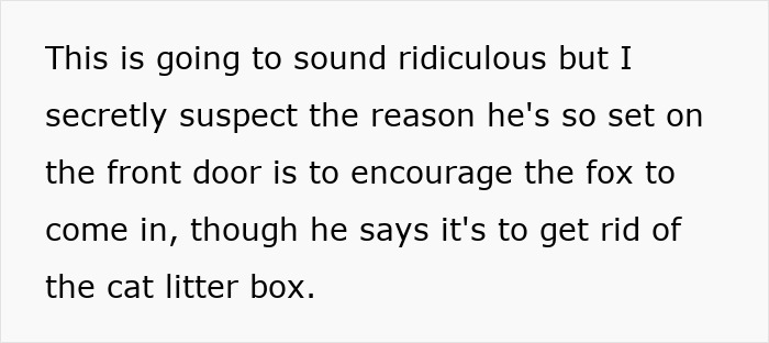 Text excerpt discussing a man insisting on installing a cat flap, while his wife suspects it’s for his pet fox.