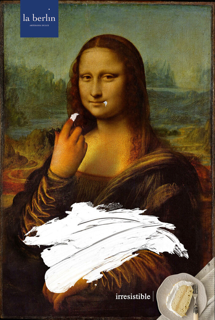 Mona Lisa in ads with creamy white paint and cake slice, illustrating clever campaigns featuring the iconic painting.