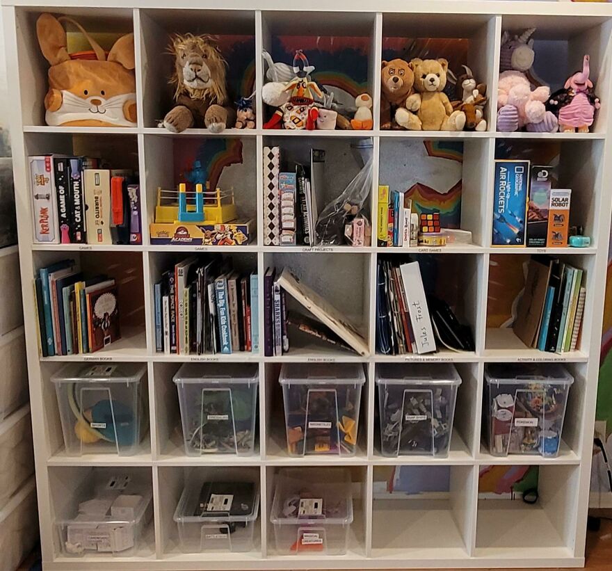 Organized home storage shelves with labeled bins, books, toys, and plush animals showcasing effective organization hacks.