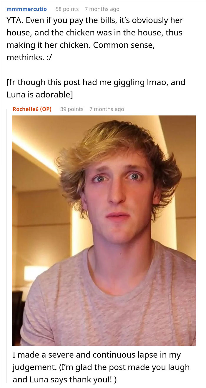 Young man with tousled blonde hair and serious expression, responding to a discussion about chicken sandwich and cat.