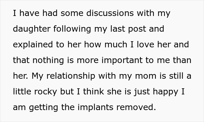 Text about single mom discussing her relationship and decision to remove implants after plastic surgery expenses. Text about single mom discussing her relationship and decision to remove implants after plastic surgery expenses.