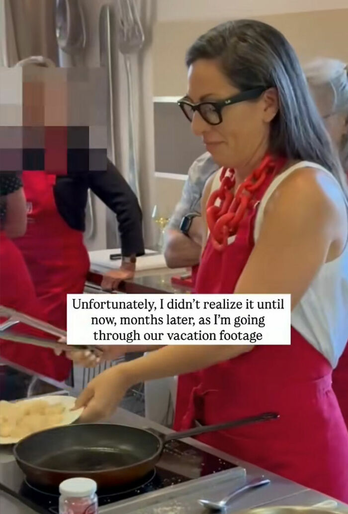 Woman wearing Meta glasses cooking and reviewing vacation footage, experiencing an uncomfortable mistake after recording. Woman wearing Meta glasses cooking and reviewing vacation footage, experiencing an uncomfortable mistake after recording.