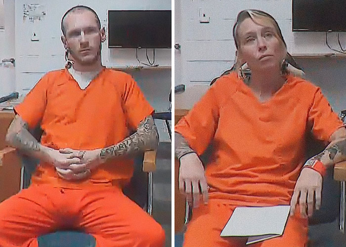 Two individuals in orange prison uniforms seated, related to pit bull horror attack on six-month-old baby case. Two individuals in orange prison uniforms seated, related to pit bull horror attack on six-month-old baby case.