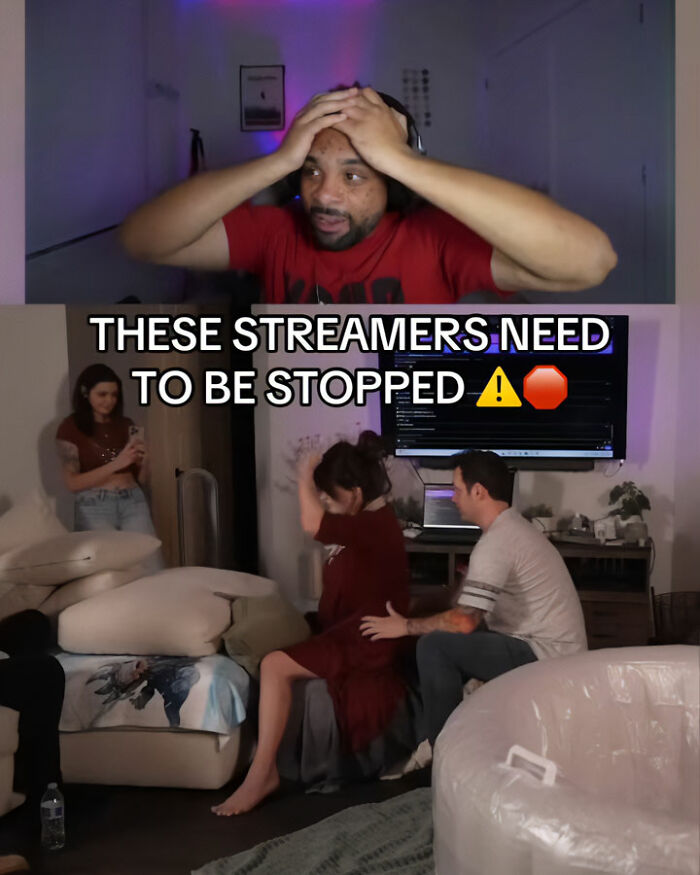 Man reacting in shock to woman giving birth on Twitch livestream while others assist in a living room setting during heated debate. Man reacting in shock to woman giving birth on Twitch livestream while others assist in a living room setting during heated debate.