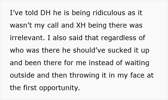 Text discussing a funeral situation involving a mother, partner, and ex-husband and their conflicting feelings. Text discussing a funeral situation involving a mother, partner, and ex-husband and their conflicting feelings.