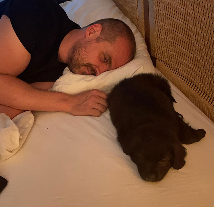 David Harbour lying on a bed with his head on a pillow next to a sleeping black puppy in a cozy bedroom setting. David Harbour lying on a bed with his head on a pillow next to a sleeping black puppy in a cozy bedroom setting.