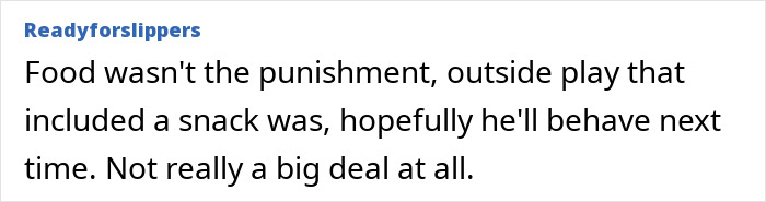 Comment text discussing a teacher denying a 5-year-old his snack as a consequence for fighting at school.